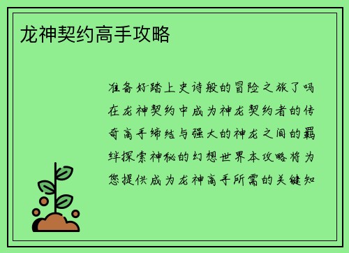 龙神契约高手攻略